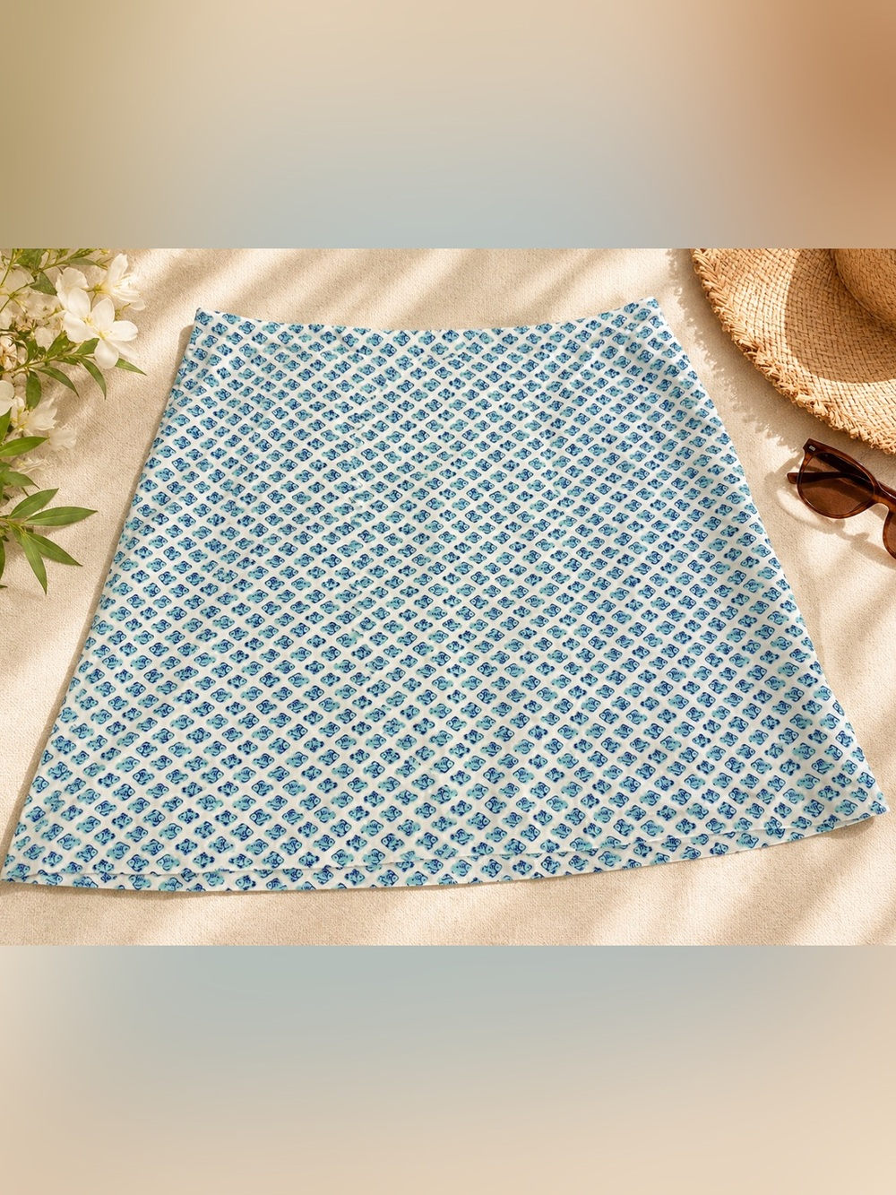 Blue & White Printed Mini Skirt